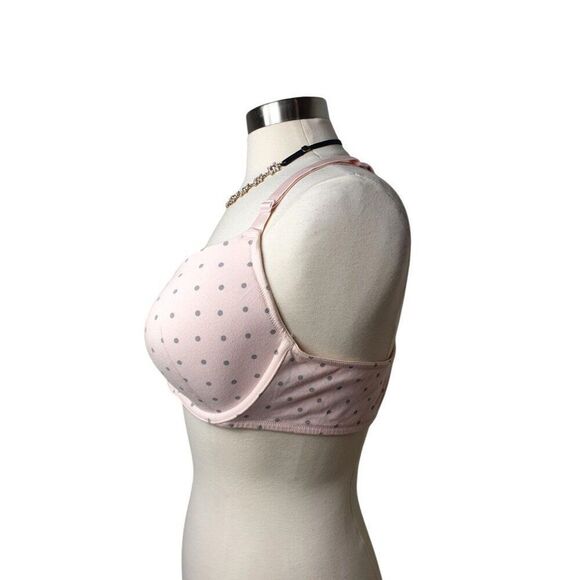 Cacique 44B T-Shirt Boost Plunge Bra Pink Polka Dot Padded Underwire Lace X Back - Picture 2 of 6